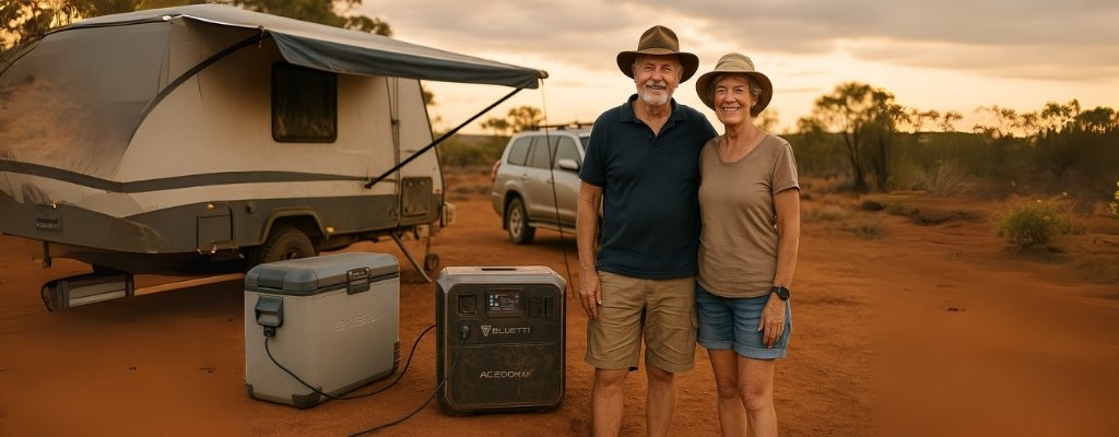 Bluetti AC200MAX powering fridge at Aussie outback campsite with grey nomads