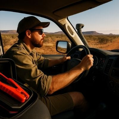 Bearded man driving 4x4 in Australian outback with compact jump starter in glove box