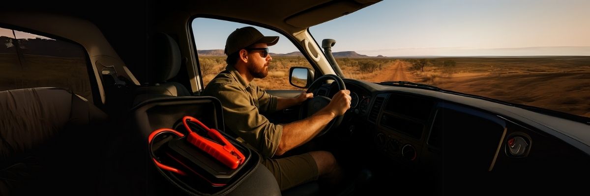 Bearded man driving 4x4 in Australian outback with compact jump starter in glove box