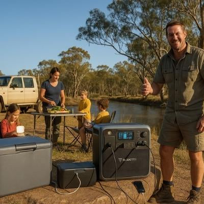 Australian family using Bluetti AC200MAX at river campsite with 4x4 and fridge