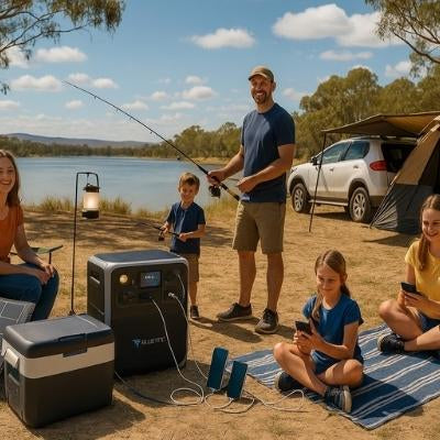 Bluetti solar charging while powering fridge and phones at sunset
