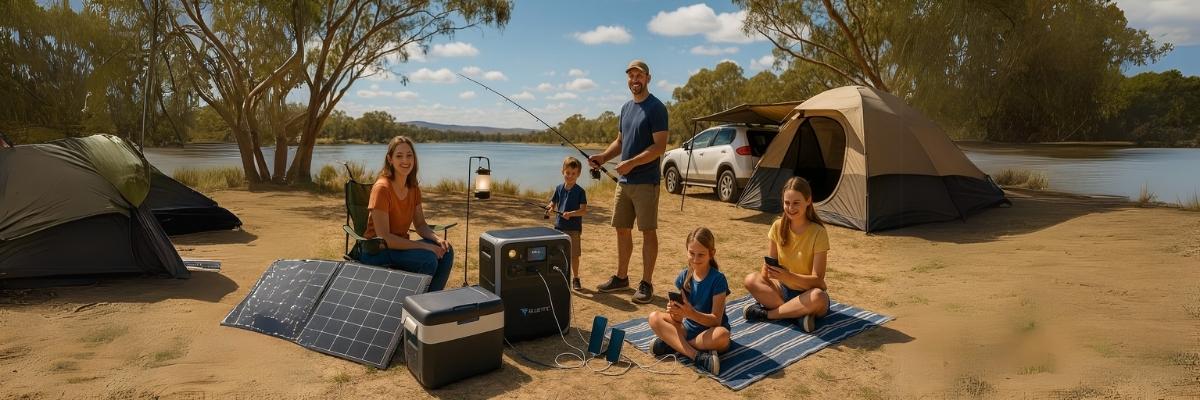 Bluetti solar charging while powering fridge and phones at sunset