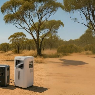 Bluetti powering air conditioner keeping family cool at caravan campsite Australia