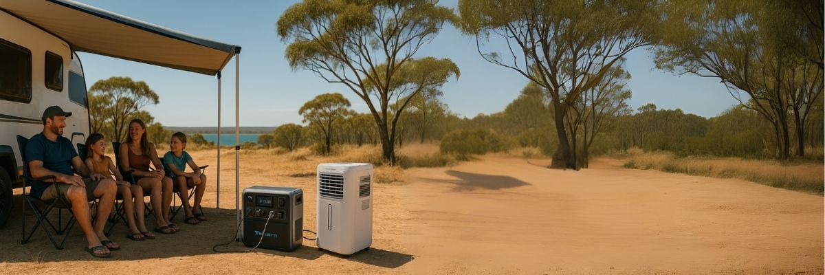 Bluetti powering air conditioner keeping family cool at caravan campsite Australia