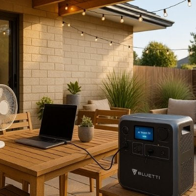 Bluetti portable power station powering fan and laptop outdoors