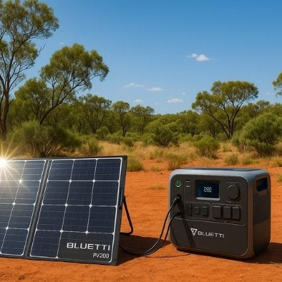 Bluetti portable solar charging setup in Australian outback with red earth