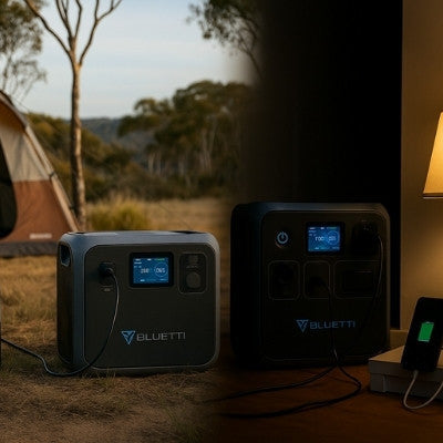 Bluetti power station powering camping and home blackout setup
