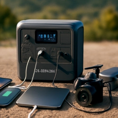 Bluetti powering phone, laptop, drone, and camera outdoors