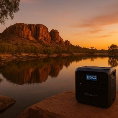 Bluetti power station beside Australian billabong at sunset