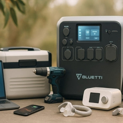 Bluetti AC200MAX powering laptop, CPAP, fridge, lantern, drill, phone
