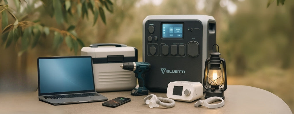 Bluetti AC200MAX powering laptop, CPAP, fridge, lantern, drill, phone