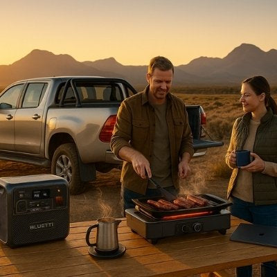 Bluetti powers electric grill for family breakfast in Aussie outback