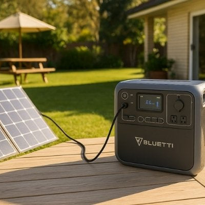 Bluetti power station solar charging in sunny Australian backyard