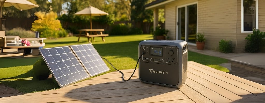 Bluetti power station solar charging in sunny Australian backyard