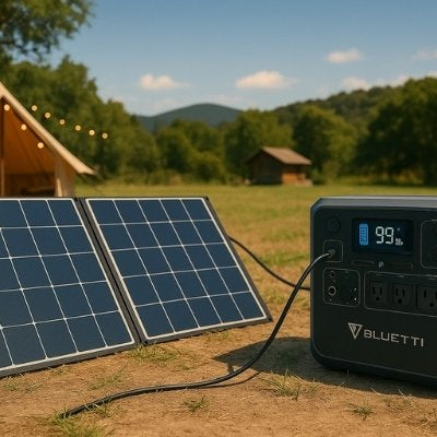 Bluetti portable power station charging via solar panels outdoors