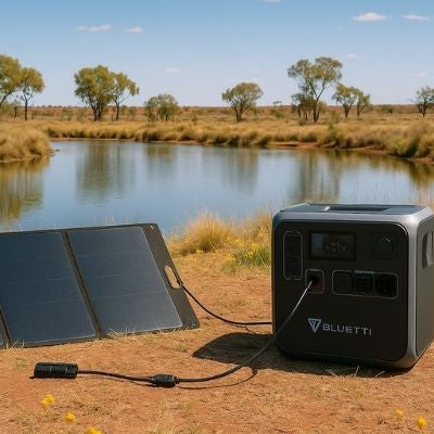 Bluetti power station with solar panel in remote Australian outback by billabong