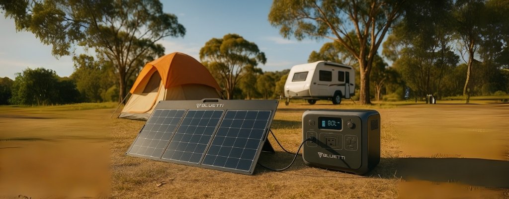 Bluetti solar panel charging power station at Australian campsite