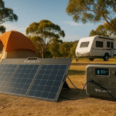 Bluetti solar panel charging power station at Australian campsite