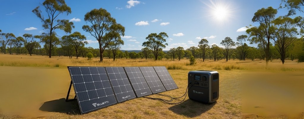 Bluetti solar panels charging portable power station in sunny Australian outback