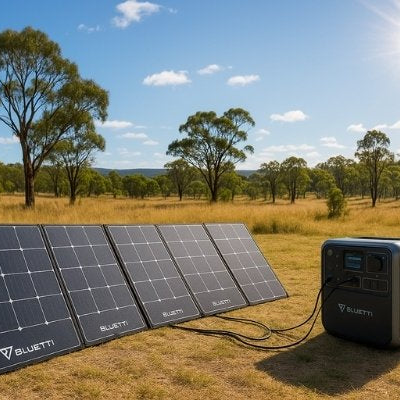 Bluetti solar panels charging portable power station in sunny Australian outback
