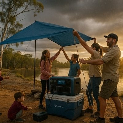 Family setting tarp over Bluetti during light rain at Aussie bush campsite