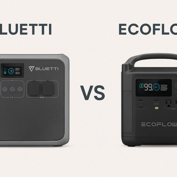 Bluetti and EcoFlow portable power stations shown side by side against a clean, neutral background.