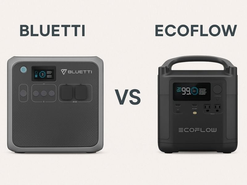 Bluetti and EcoFlow portable power stations shown side by side against a clean, neutral background.