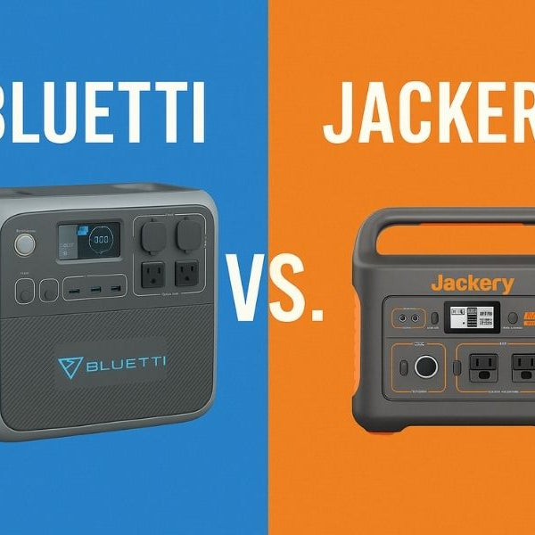 Digital comparison graphic of Bluetti and Jackery power stations with a blue and orange split background