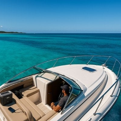 Portable power station on boat in turquoise Australian waters