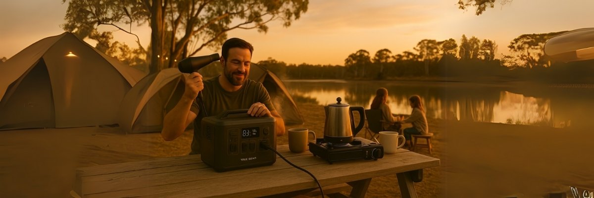 Aussie man using power station for hair dryer and kettle at campsite