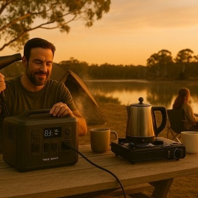 Aussie man using power station for hair dryer and kettle at campsite