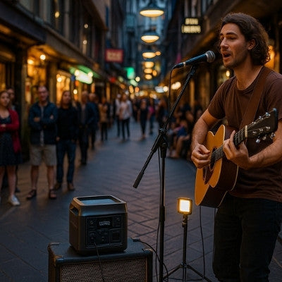 Street musician busking with portable power station powering amp and light