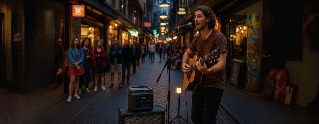 Street musician busking with portable power station powering amp and light