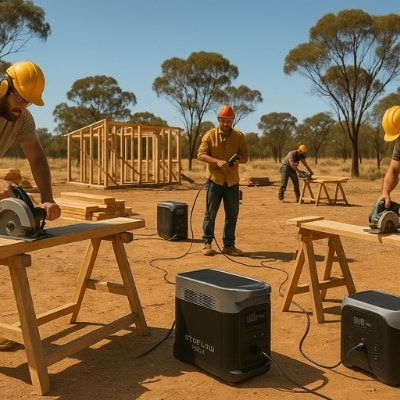 Tradies using power stations to run tools on remote outback building site