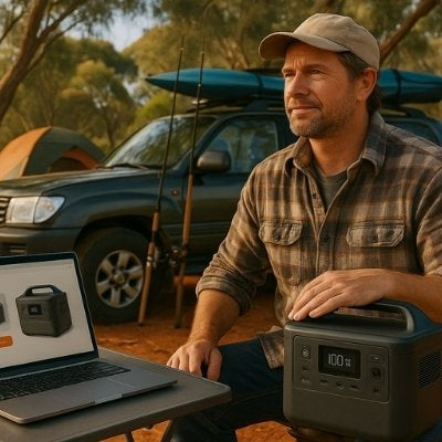Rugged Australian man shopping online for a portable power station at a bush campsite, with 4WD, fishing rods, and tent in the background