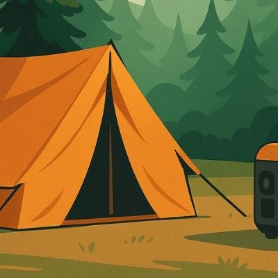 Illustration of a campsite in a forest with an orange tent and a portable generator surrounded by pine trees