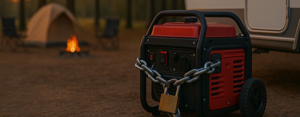 Portable generator locked with a heavy chain at a campsite during sunset