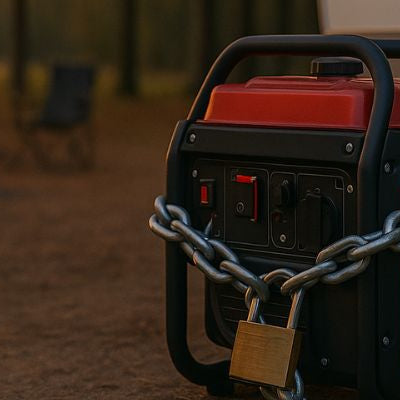 Portable generator locked with a heavy chain at a campsite during sunset