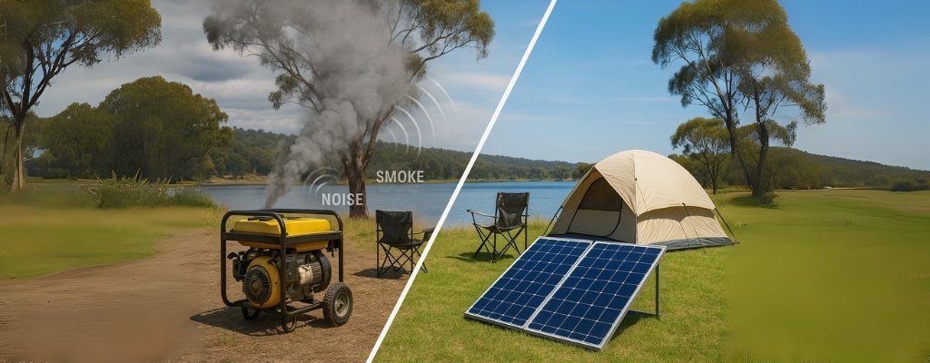 Split screen campsite generator smoke noise vs clean solar power