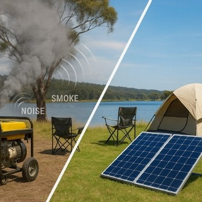 Split screen campsite generator smoke noise vs clean solar power