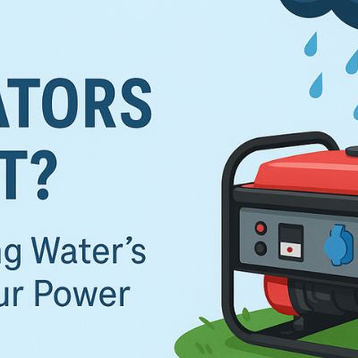 Illustrated cover image showing a portable generator in the rain with text asking if generators can get wet.