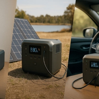 Portable power station charging via AC, solar, and car methods