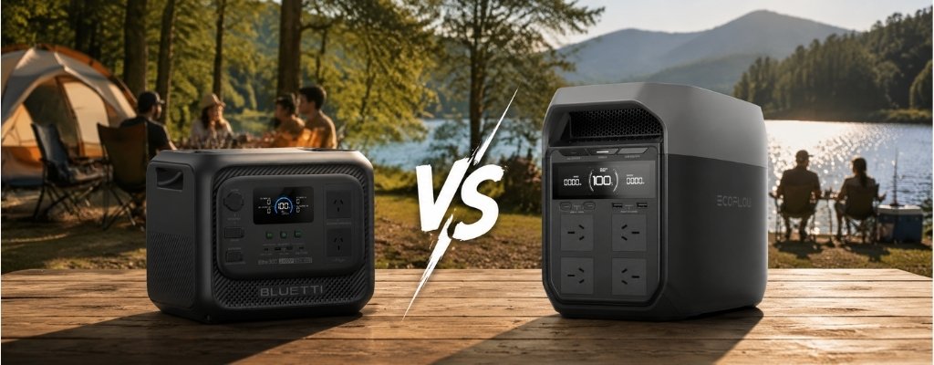 A picturesque comparative image of the Bluetti Elite 300 and Ecoflow Delta 3