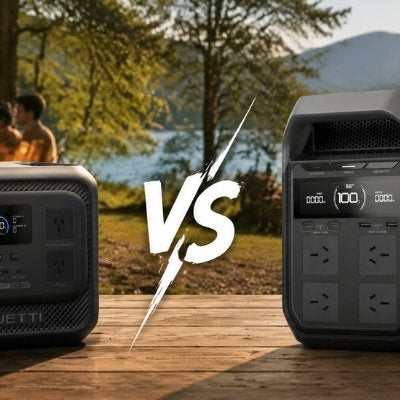 A picturesque comparative image of the Bluetti Elite 300 and Ecoflow Delta 3