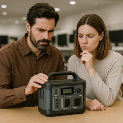 Concerned couple evaluating features on a portable power station in a retail setting