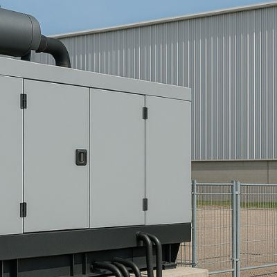 Large industrial generator outside a modern warehouse on concrete base with clear sky