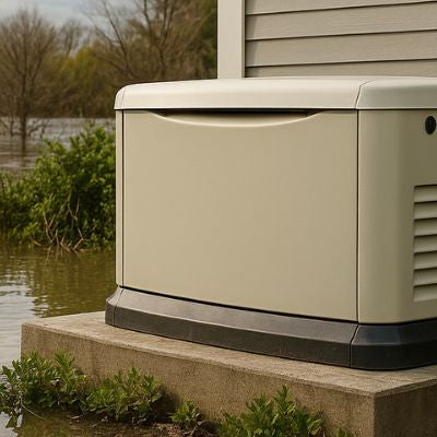 Standby generator elevated on a concrete platform beside a home during flood conditions