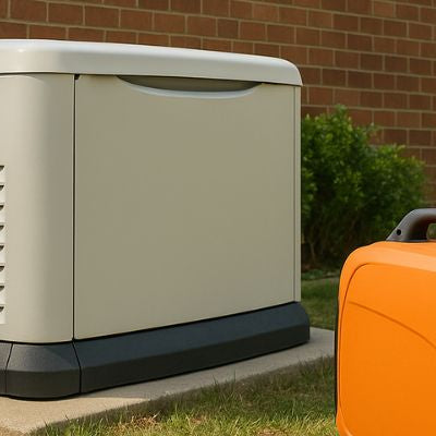 Portable, standby, and inverter gas-powered generators displayed outdoors beside a suburban home and caravan.