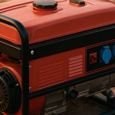 portable red generator on dry rugged ground in warm afternoon light