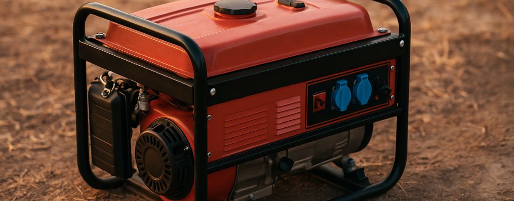 portable red generator on dry rugged ground in warm afternoon light
